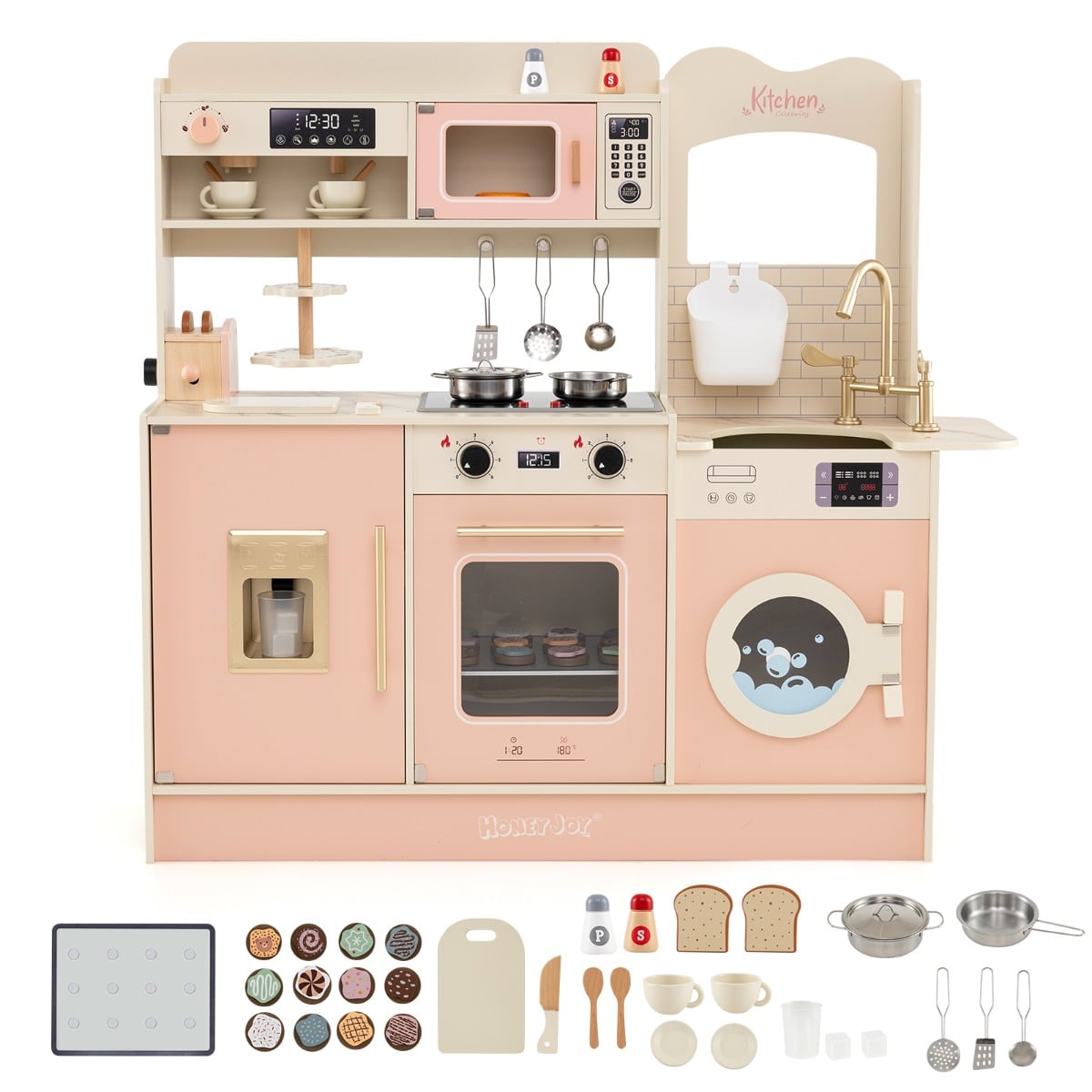 Children Pretend Toy Kitchen Playset with Stoves and Coffee Machine-Pink
