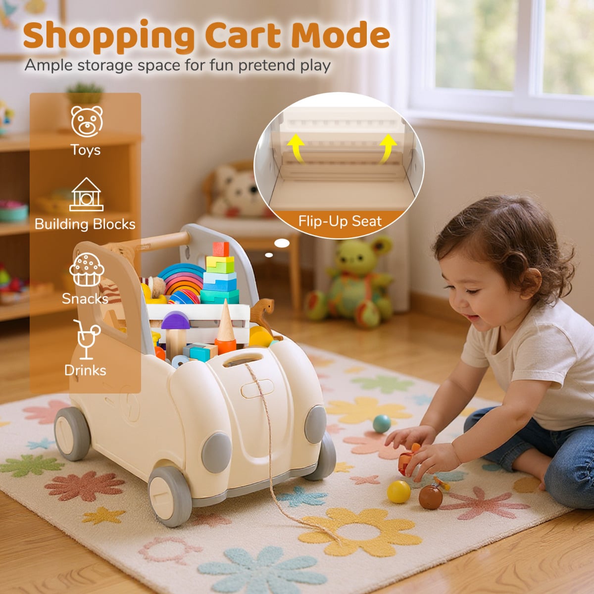 Children Push Walker Cart with Handle and Wheels-White