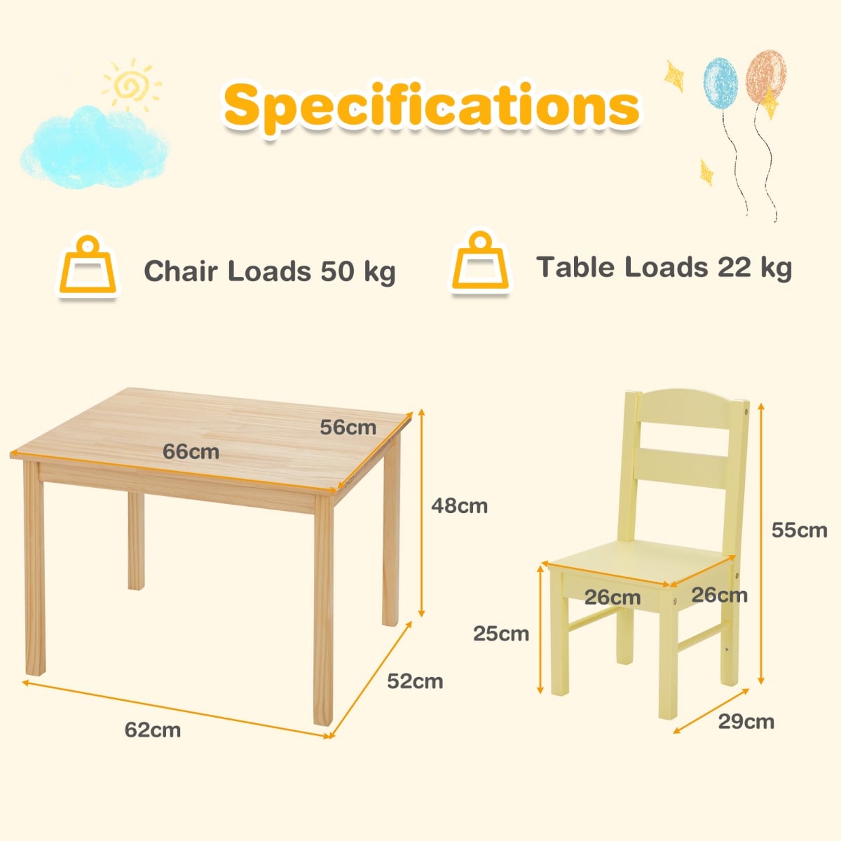 Children Wooden Table and 4 Chairs for Preschool Girls and Boys-Multicolor