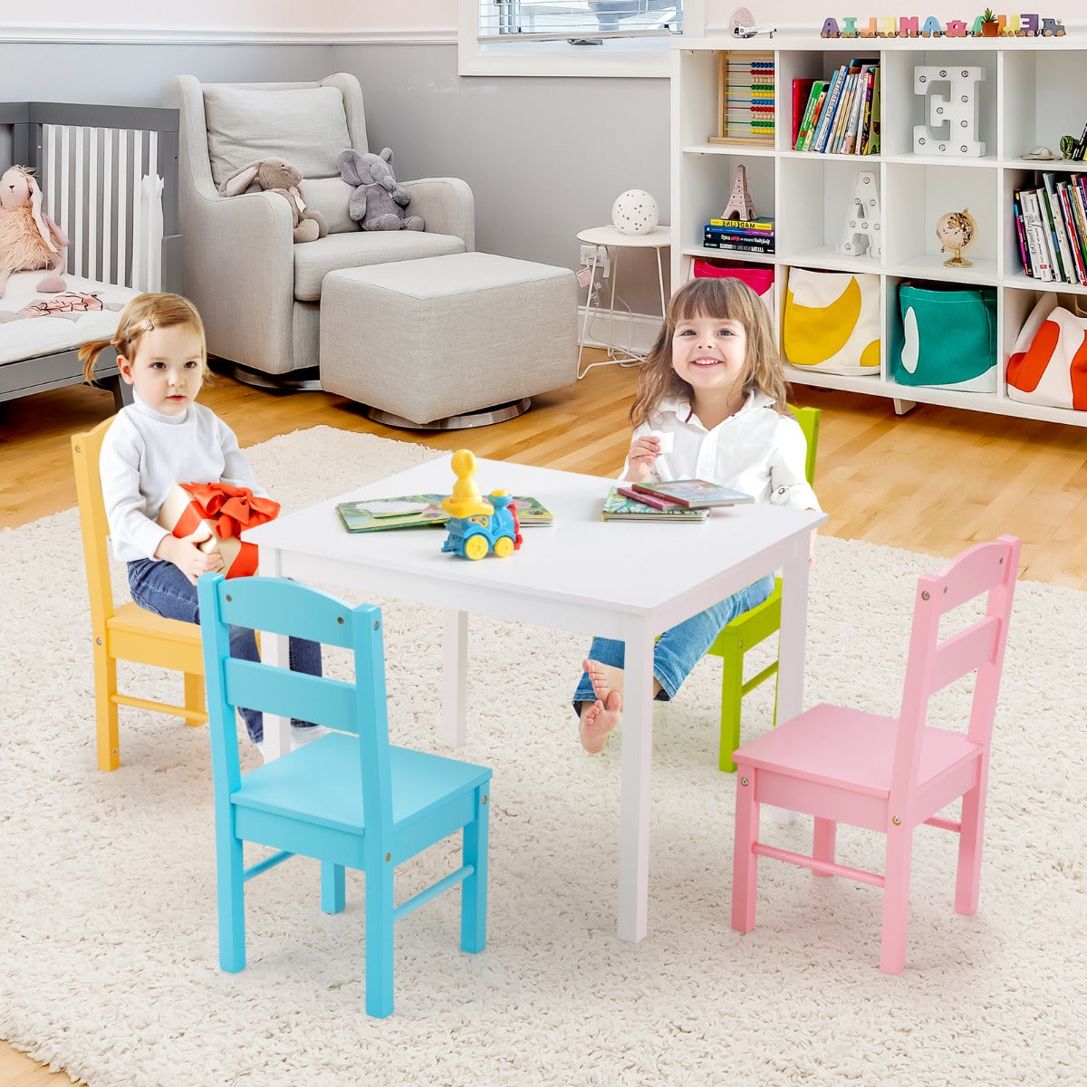 Children Wooden Table and 4 Chairs for Preschool Girls and Boys-Pastel