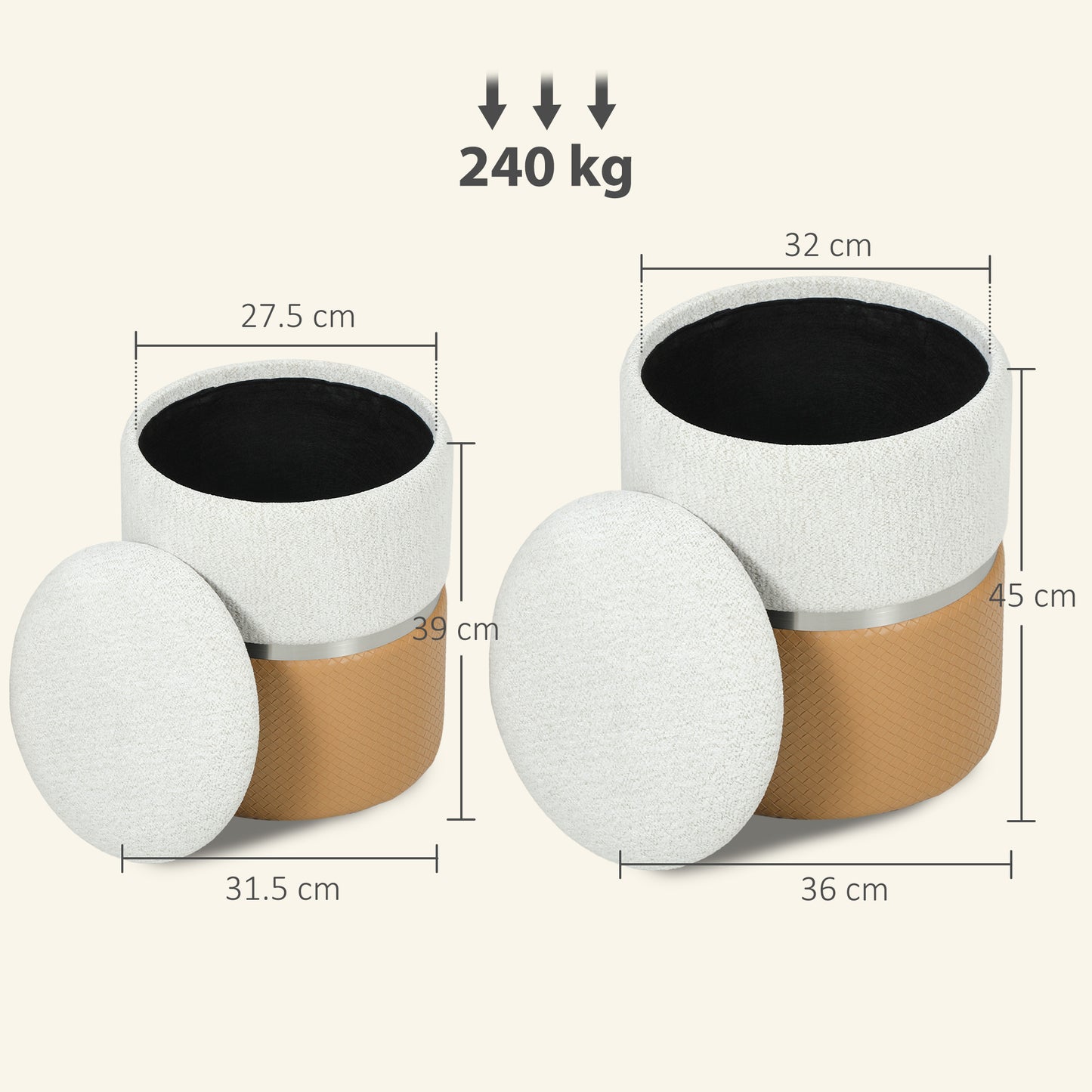 HOMCOM Nesting Round Ottoman with Storage Set of 2 - Cream/Brown