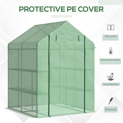 Outsunny Walk in Greenhouse with Shelves Steeple Green House for Garden Grow House Removable Cover 143x138x190cm, Green
