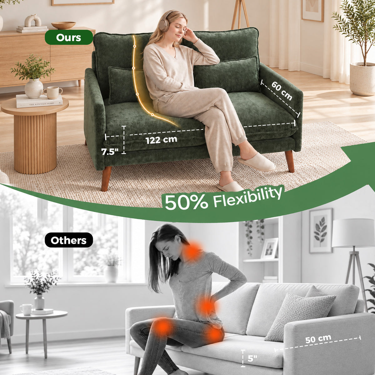 HOMCOM 2 Seater Sofa, Loveseat Sofa with Spring Cushions, Wide and Deep Seat, Wood Legs, Green