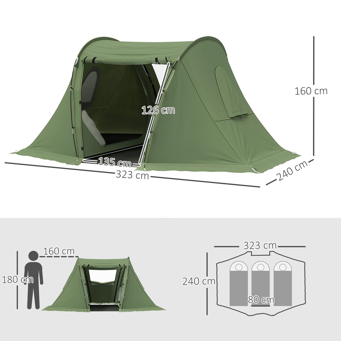 Outsunny 3 Man Camping Tent with Living Area and 2 Bedrooms, 3000mm Waterproof Family Tent with Sewn-in Groundsheet and bag, Portable Dome Shelter for Hiking, Festival, Backpacking, Green
