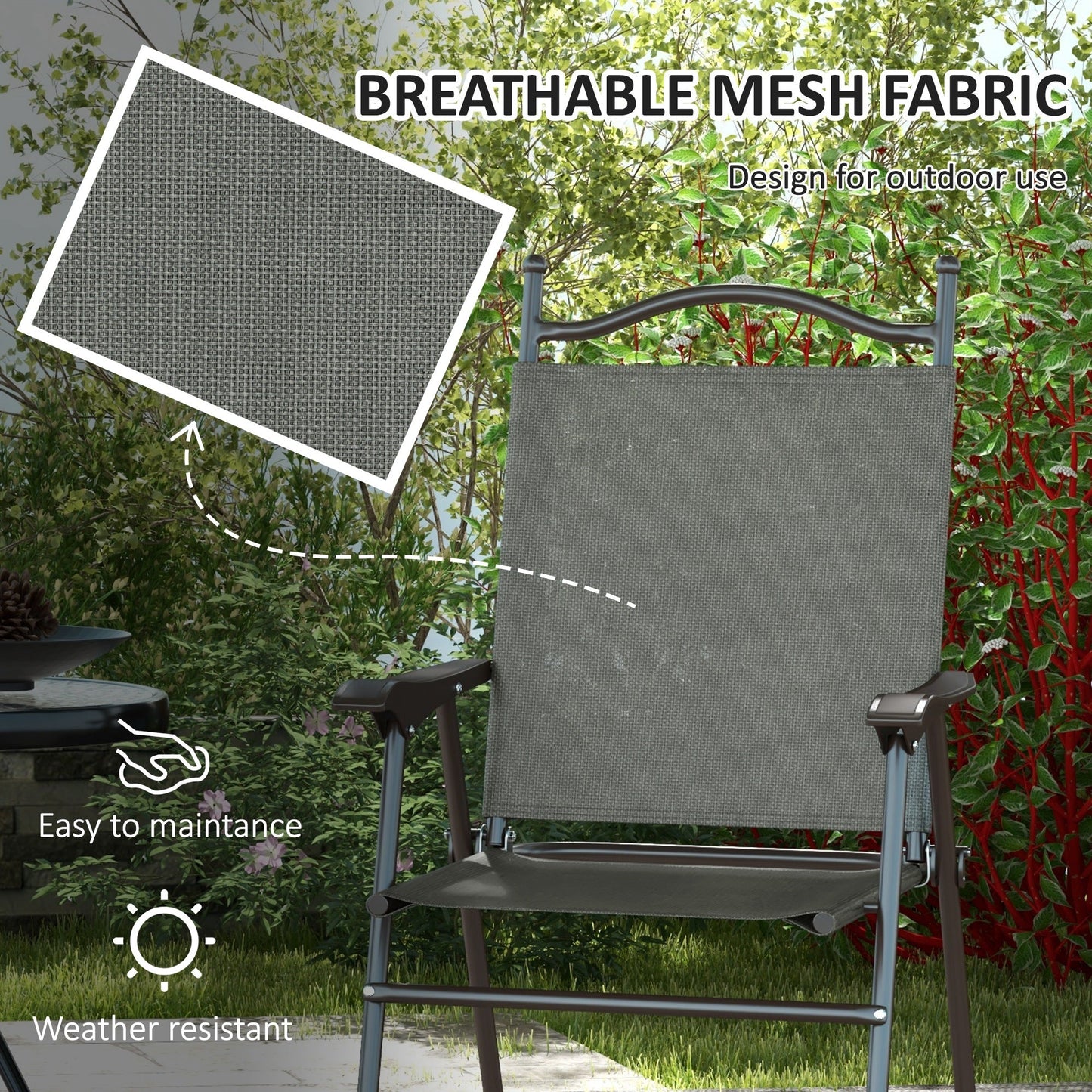 Outsunny Set of Two Folding Garden Chairs, with Fabric Mesh Seats - Dark Grey