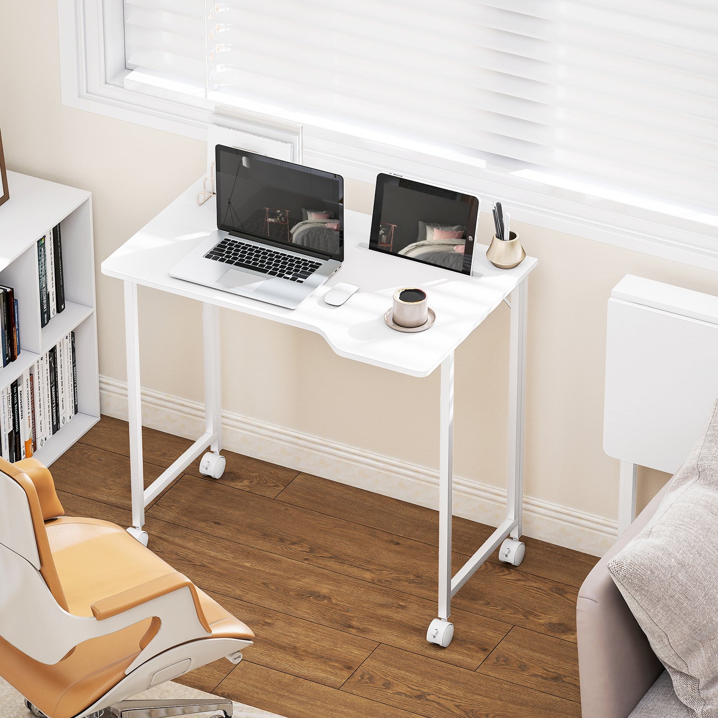 HOMCOM Small Folding Desk, with Wheels - White Wood-Effect