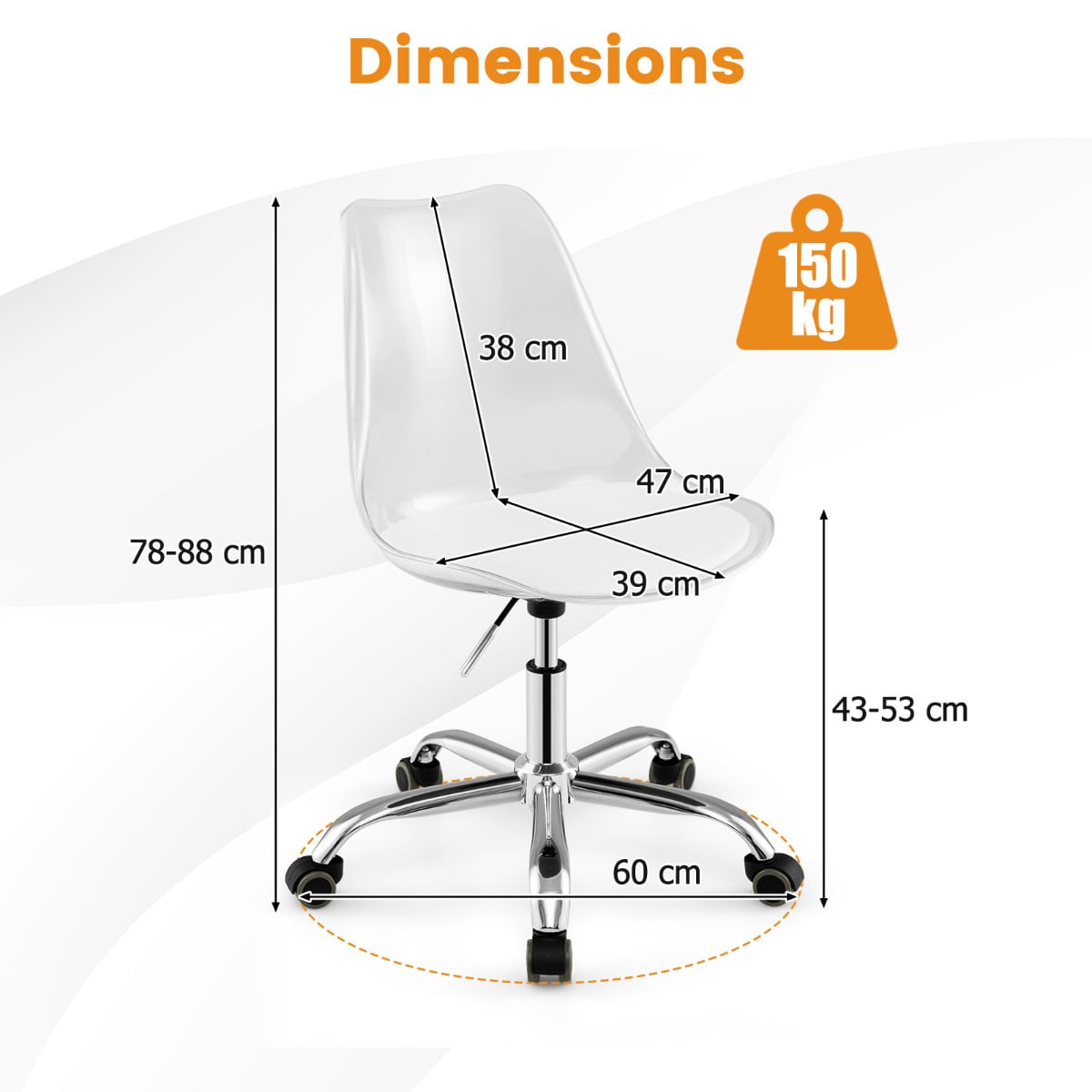 Clear Desk Chair Armless Rolling Acrylic Office Chair with Swivel Seat and PU Leather Cushion-Clear