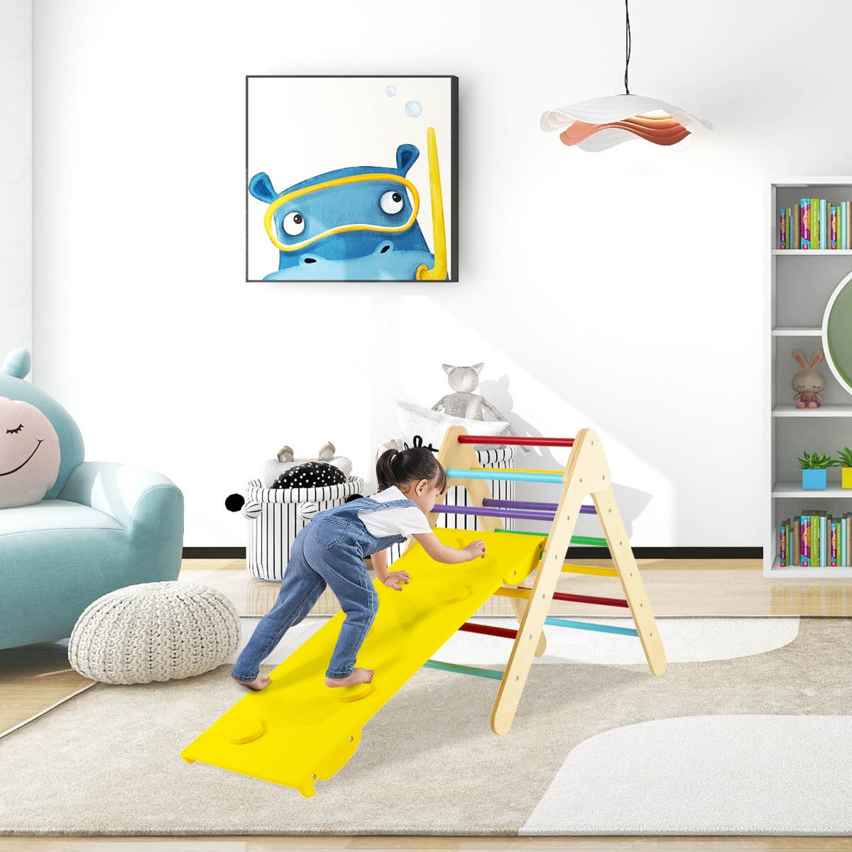 3-in-1 Kid Wooden Climbing Triangle Set Sliding with Reversible Ramp