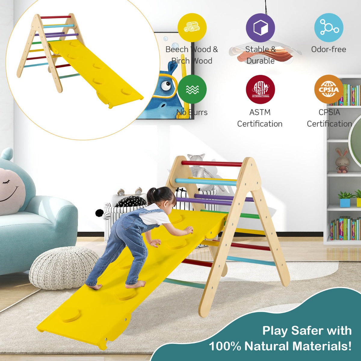 3-in-1 Kid Wooden Climbing Triangle Set Sliding with Reversible Ramp