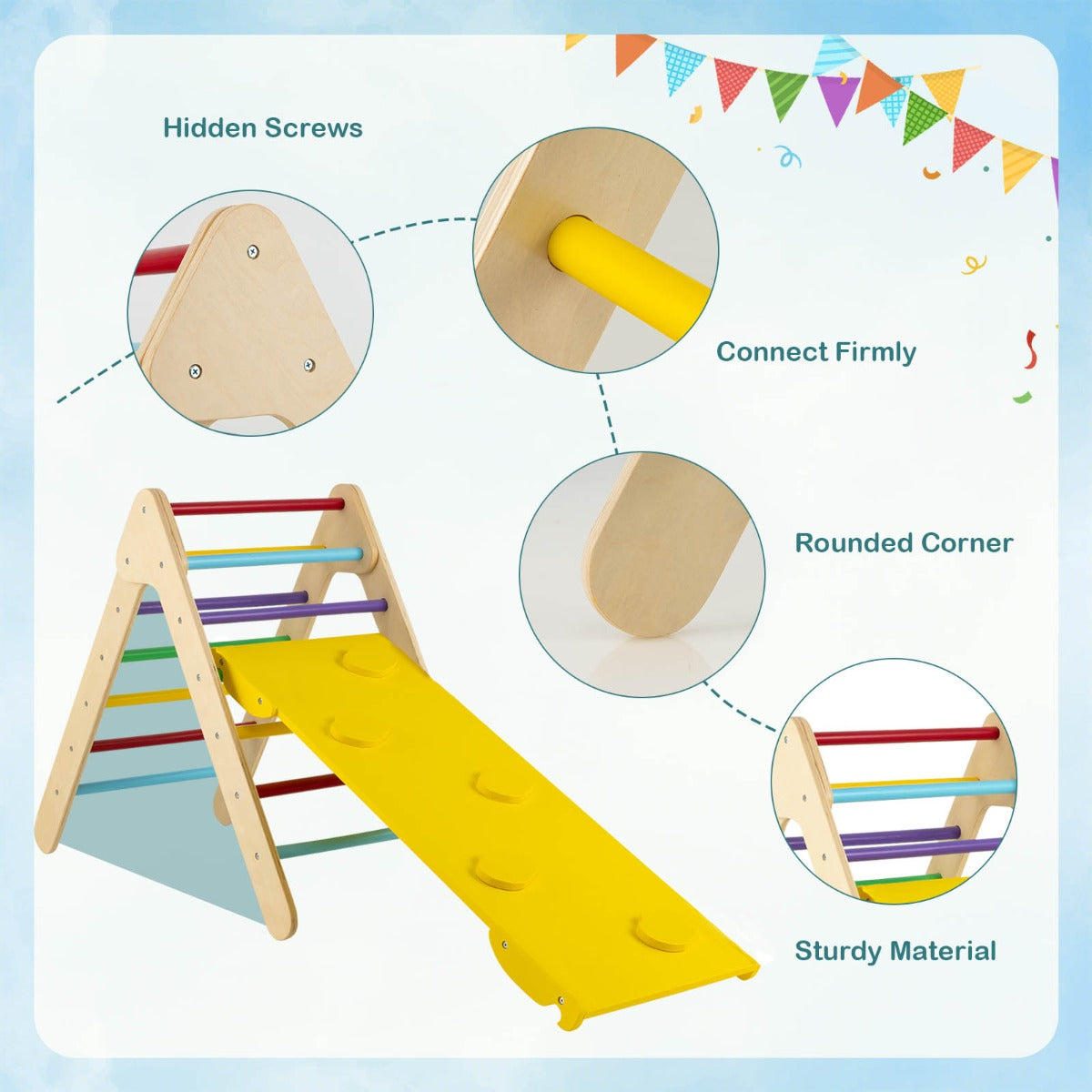 3-in-1 Kid Wooden Climbing Triangle Set Sliding with Reversible Ramp
