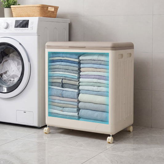 Clothes Storage Box with Lid and Wheels for Bedding Organization-Gray &amp; White
