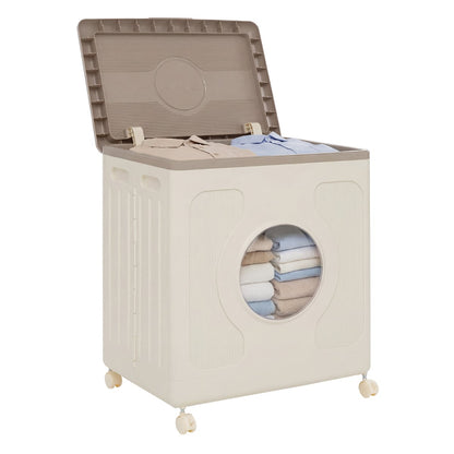 Clothes Storage Box with Lid and Wheels for Bedding Organization-Gray &amp; White