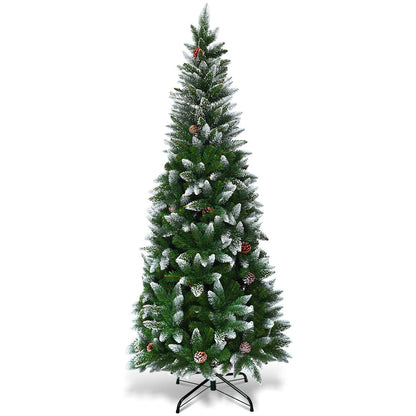 Snow-Flocked Pencil Hinged Artificial Christmas Tree with Pine Cones-5FT