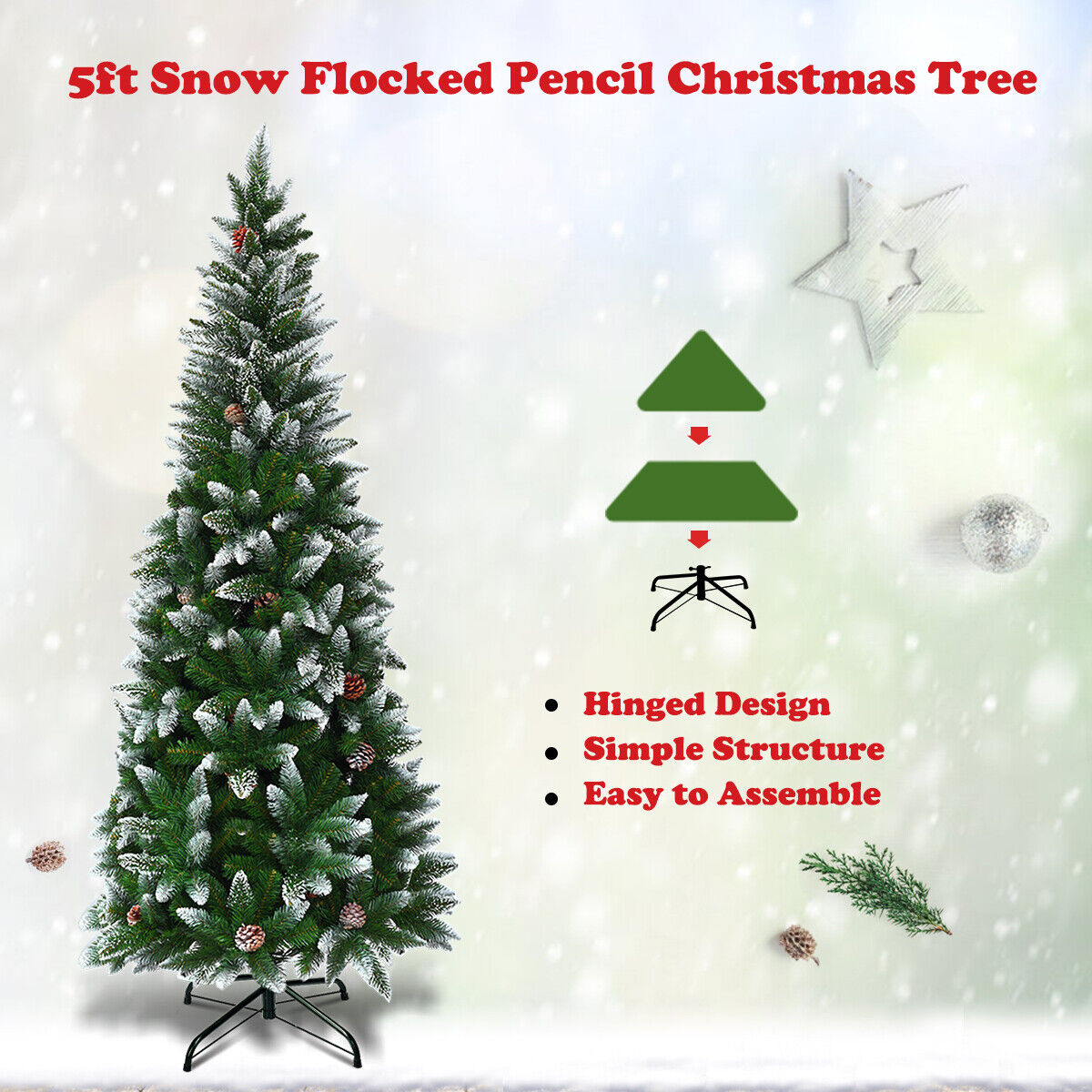 Snow-Flocked Pencil Hinged Artificial Christmas Tree with Pine Cones-5FT