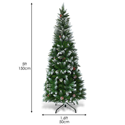 Snow-Flocked Pencil Hinged Artificial Christmas Tree with Pine Cones-5FT