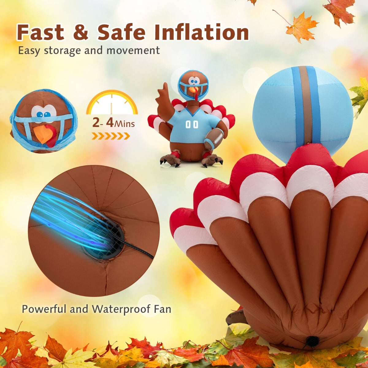 5 Feet Inflatable Thanksgiving Turkey Rugby Player with LED Lights