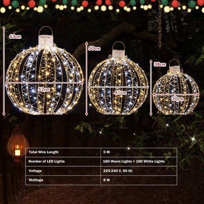 3 Pieces Christmas LED Ball Lights with 30 Cable Ties for Tree Lawn Garden-Golden