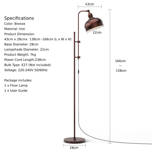 Industrial Floor Lamp with Adjustable Height and Lamp Head for Home Office