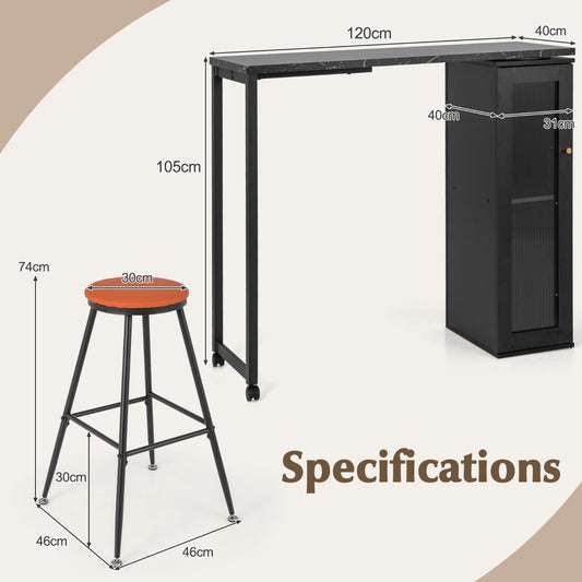 Swivelling Top Bar Table and Chairs Set of 3 with Storage Cabinet-Black