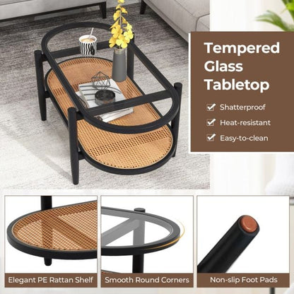 2-Tier Coffee Table with Tempered Glass Tabletop and Acacia Wood Frame-Black