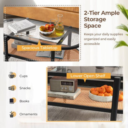 2-Tier Coffee Table with Tempered Glass Tabletop and Acacia Wood Frame-Black