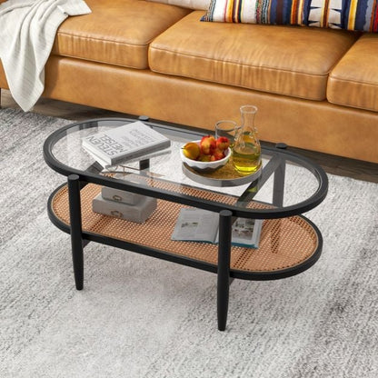 2-Tier Coffee Table with Tempered Glass Tabletop and Acacia Wood Frame-Black