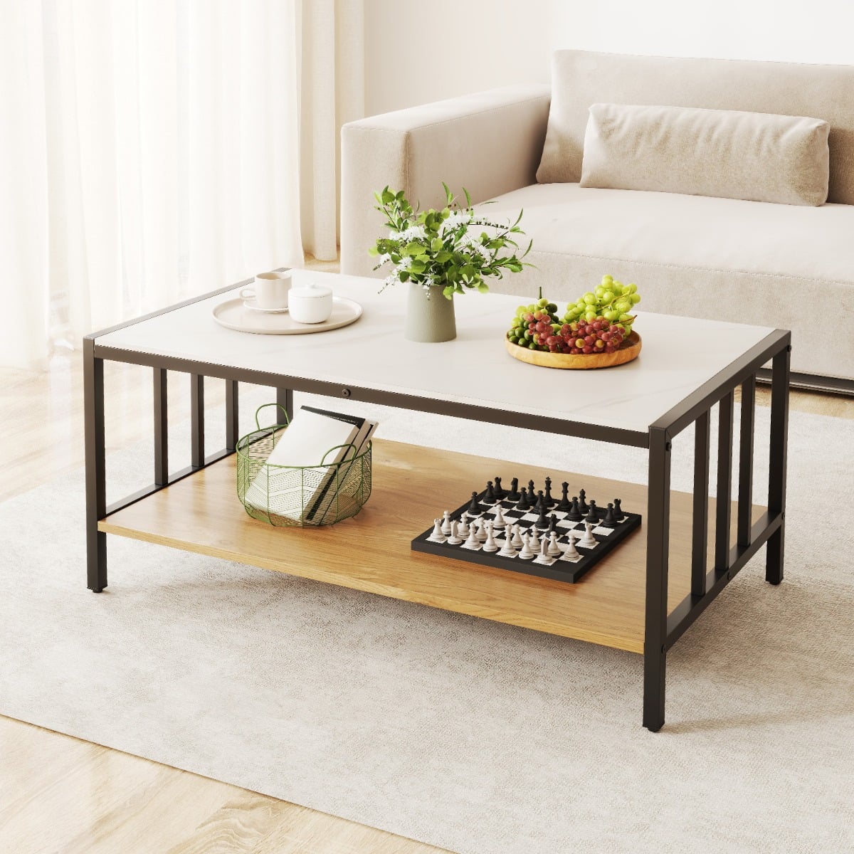 Rectangular Center Table with Sintered Stone Tabletop-White