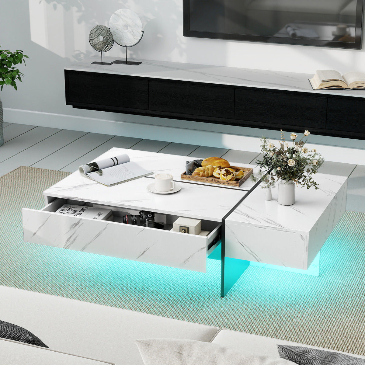 Coffee Table High-Gloss Accent Table with 3 Storage Drawers-White