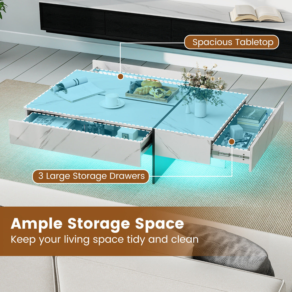 Coffee Table High-Gloss Accent Table with 3 Storage Drawers-White