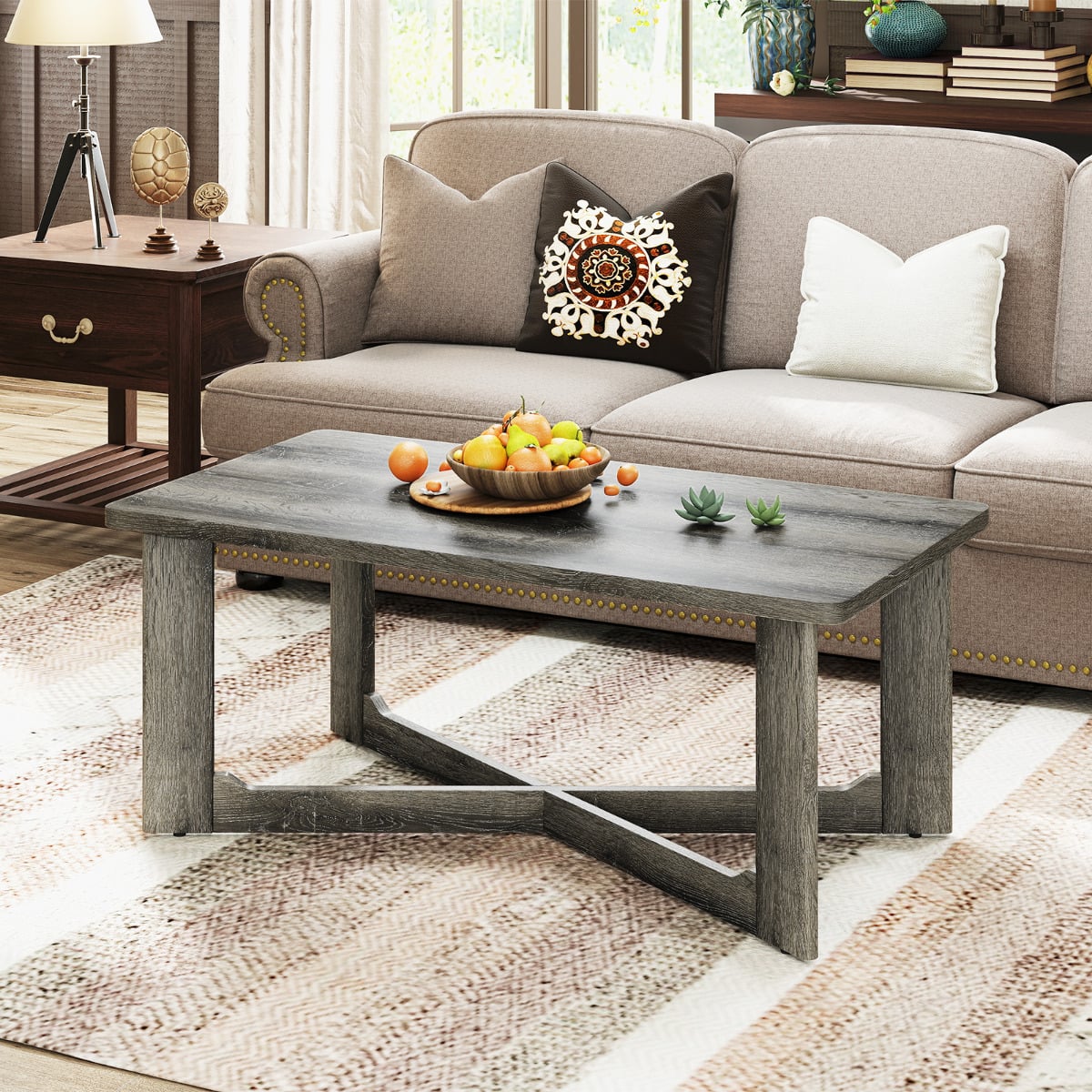 Coffee Table Rectangle Center Table with X-Shaped Base-Grey