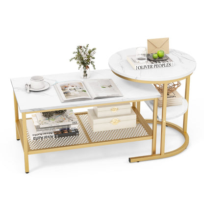 Set of 2 Nesting Coffee Table with Extra Storage Shelf for Living Room-Golden