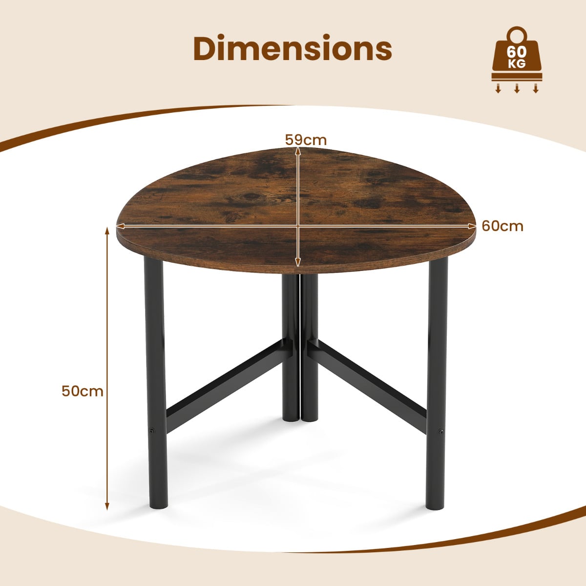 Coffee Table Triangle Center Table with Metal Legs Industrial Accent Sofa Table-Rustic Brown