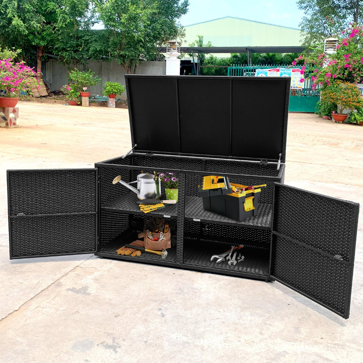 330L 2-Tier Outdoor PE Wicker Storage Box with Lid and Front Doors-Black