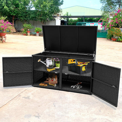 330L 2-Tier Outdoor PE Wicker Storage Box with Lid and Front Doors-Black