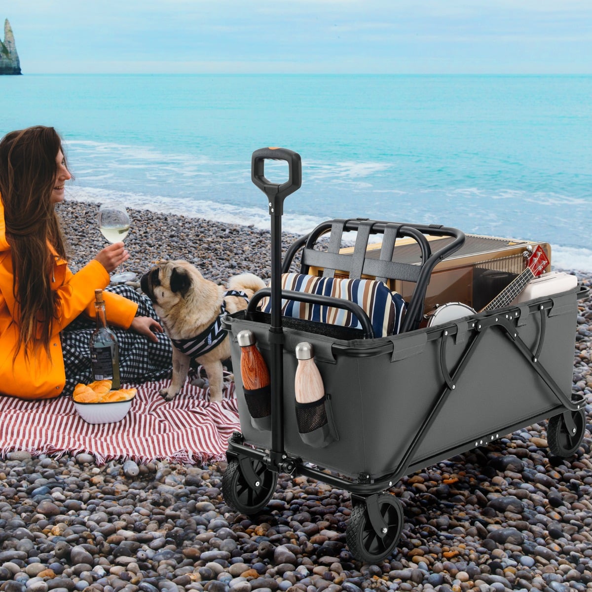 Collapsible Foldable Wagon Cart with Adjustable Handlebar-Grey