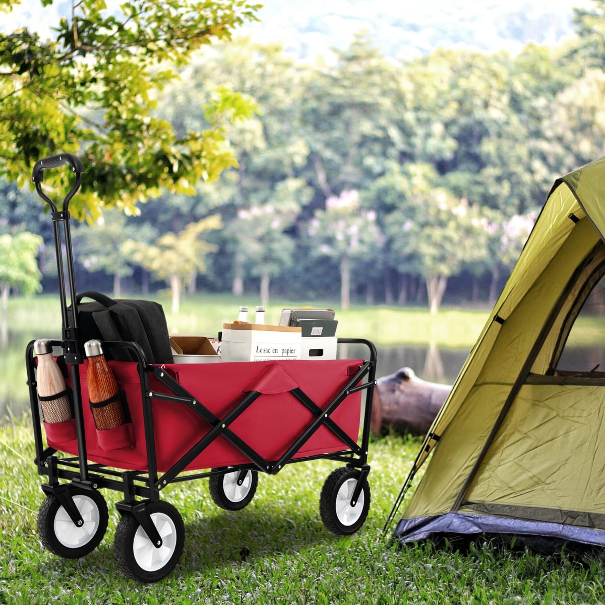 eavy Duty Camping Garden Cart with Adjustable Handle and Drink Holders-Red