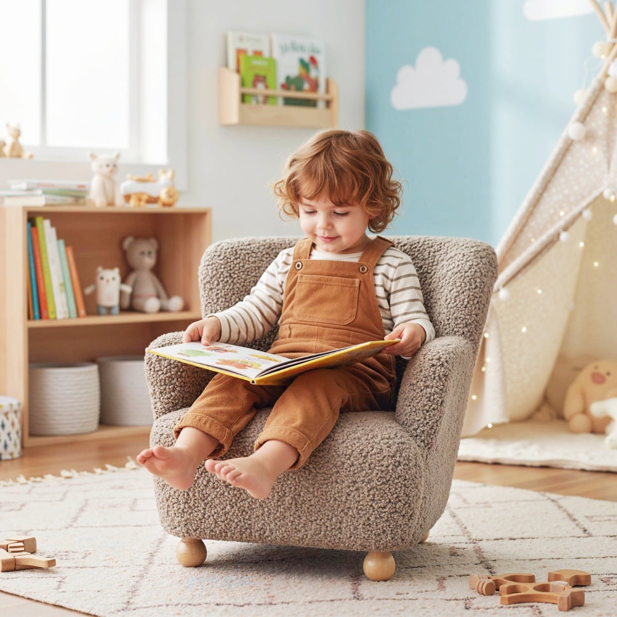 Comfy Toddler Armchair with Solid Rubber Wood Legs-Brown