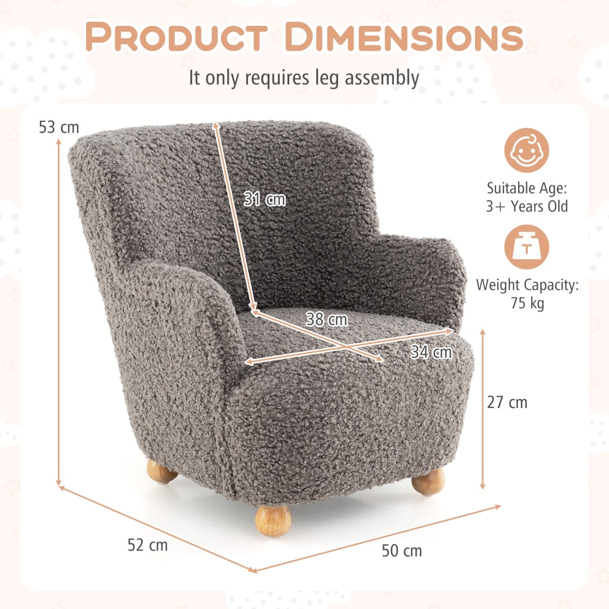 Comfy Toddler Armchair with Solid Rubber Wood Legs-Grey