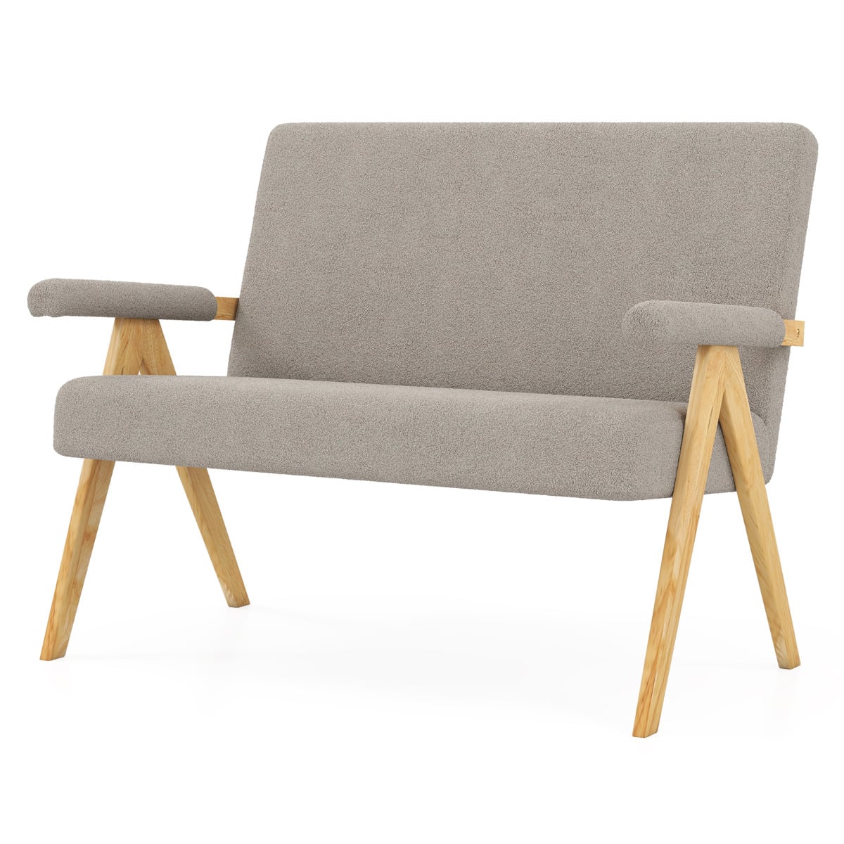 Comfy Upholstered Sherpa Couch with Armrests and Wooden Legs-Grey