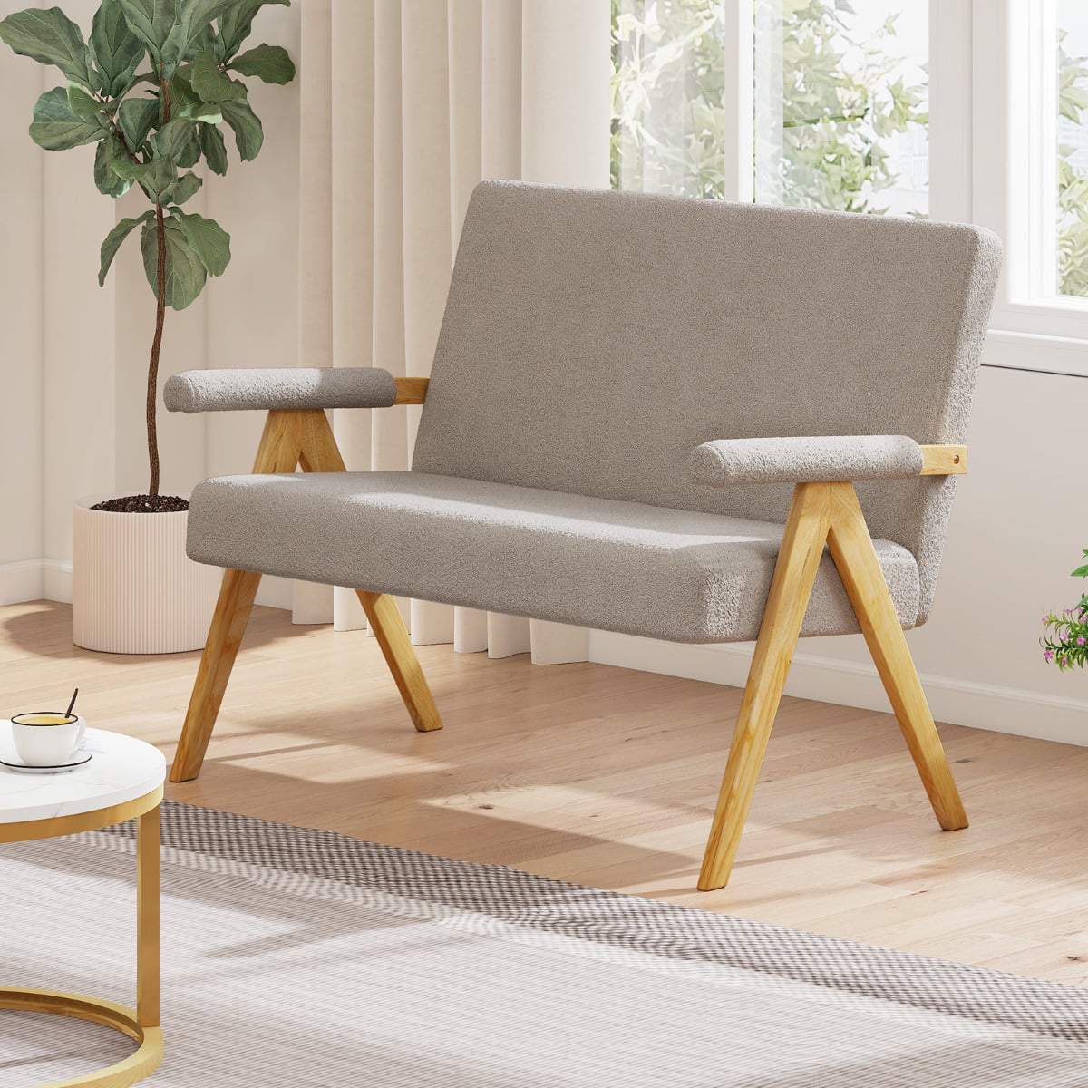 Comfy Upholstered Sherpa Couch with Armrests and Wooden Legs-Grey