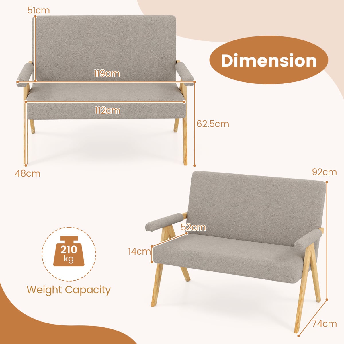 Comfy Upholstered Sherpa Couch with Armrests and Wooden Legs-Grey