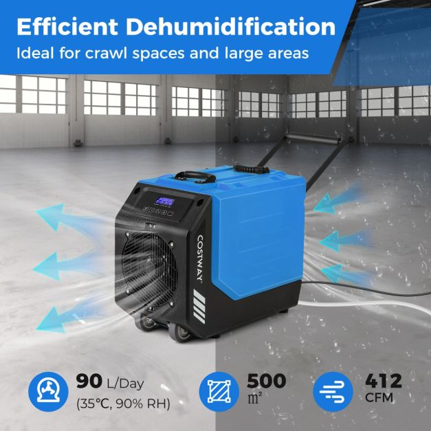 90L/Day Commercial Dehumidifier with Pump and 2 Wheels-Blue