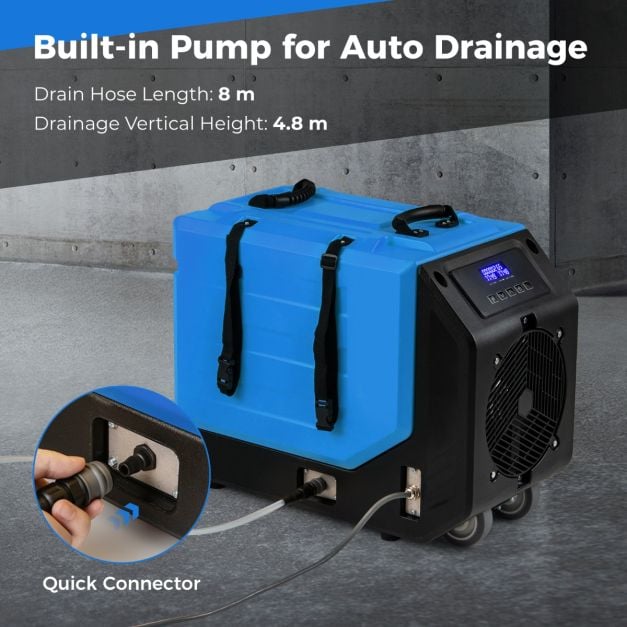 90L/Day Commercial Dehumidifier with Pump and 2 Wheels-Blue
