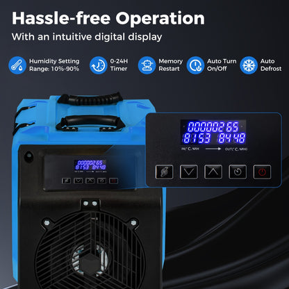 90L/Day Commercial Dehumidifier with Pump and 2 Wheels-Blue
