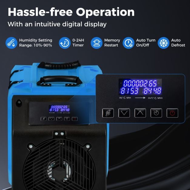 90L/Day Commercial Dehumidifier with Pump and 2 Wheels-Blue