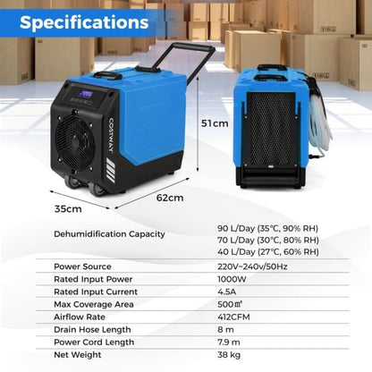 90L/Day Commercial Dehumidifier with Pump and 2 Wheels-Blue