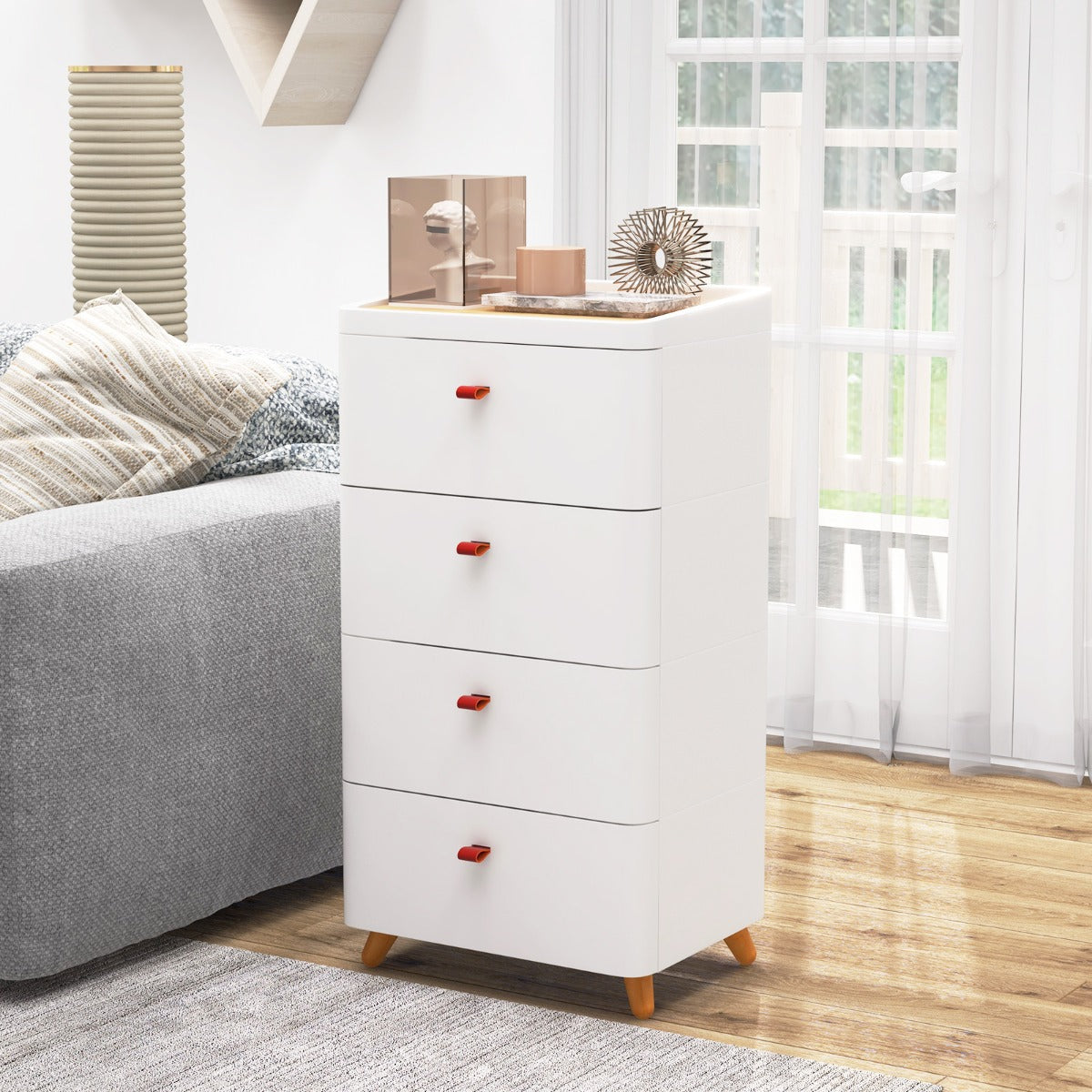 4-Drawer Dresser with Removable Organizer Tray and Solid Wood Legs-White