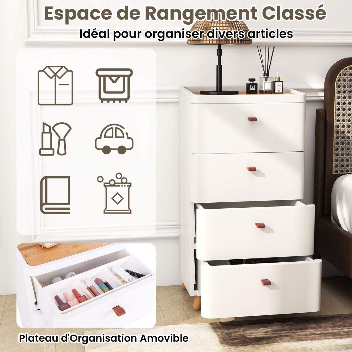 4-Drawer Dresser with Removable Organizer Tray and Solid Wood Legs-White