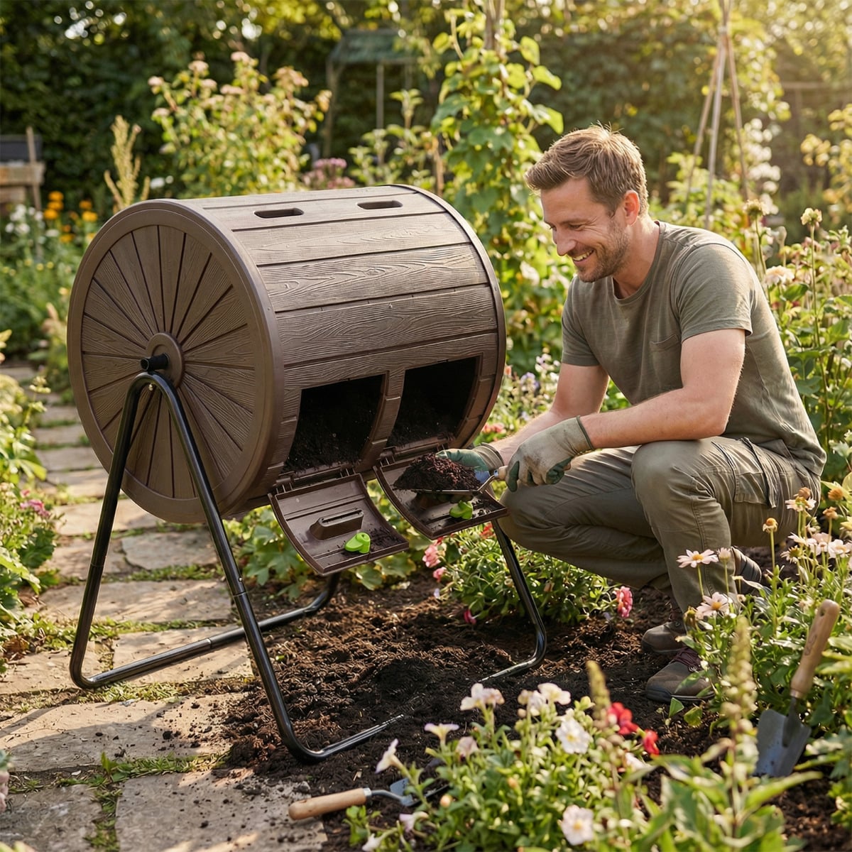 142  Large Outdoor Compost Tumbler with Dual Chambers-Coffee