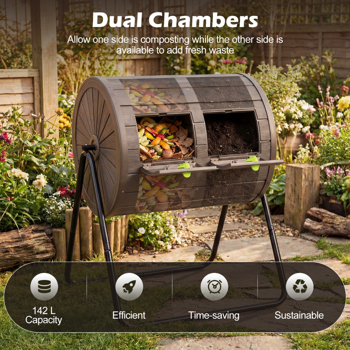 142  Large Outdoor Compost Tumbler with Dual Chambers-Coffee